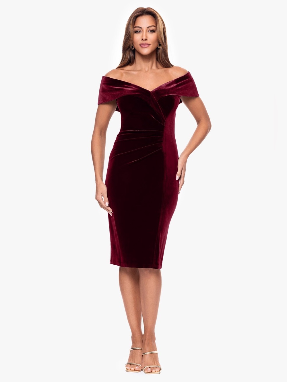 Xscape "FELICITY" OFF THE SHOULDER RUCHED VELVET DRESS size 8